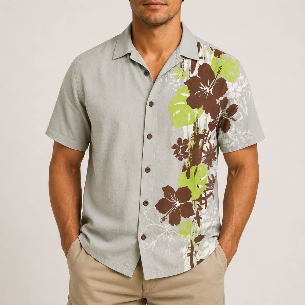 Hilo Hattie Hawaiian Shirt Mens Large Grey Floral Hibiscus Cotton Aloha